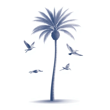 A tall date palm tree with a straight trunk and a crown of long, feathery fronds at the top. Several tropical birds in different poses are flying around the tree. The birds feature unique shapes, with some having long tails and others with rounded wings. Their beaks are slender and curved, suitable for their environment. The scene captures the dynamic movement of the birds as they flap their wings and soar through the air. The surrounding atmosphere conveys a lively yet natural habitat.