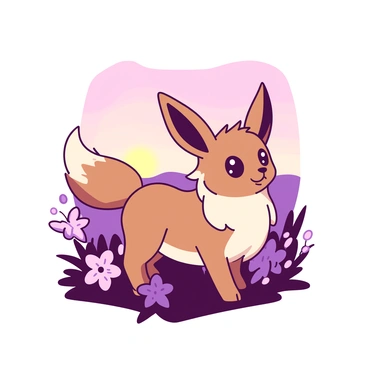 A brown Eevee stands on a grassy patch, its fur ruffled by a gentle twilight breeze. The Eevee looks curiously in the direction of the horizon. Its large, expressive eyes reflect the soft light of the setting sun. Surrounding the Eevee, delicate flowers bloom in varying shades, adding to the tranquil atmosphere of the scene. The sky above transitions from light to dark, showcasing a blend of hues as day turns to night.