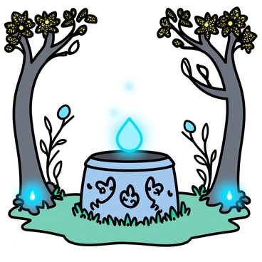 A magical well in the middle of an enchanted forest, surrounded by glowing plants
