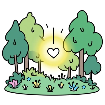 A lush green forest filled with tall trees and dense foliage. In the center of the forest, there is a glowing heart symbol. The heart emits a soft light that illuminates the surrounding area, highlighting the rich greens of the leaves and the earthy browns of the tree trunks. Small flowers with bright colors can be seen at the base of the trees, adding to the vibrant scene. Sunlight filters through the canopy, casting gentle rays of light that enhance the serene atmosphere.