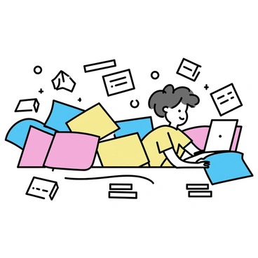 A person is lying in bed, studying with several open textbooks scattered around. The individual has a laptop open in front of them, displaying notes. Surrounding the person are numerous soft pillows in various colors, creating a cozy environment. The bed has a simple white duvet cover, adding to the minimalist atmosphere of the scene. The person is wearing comfortable clothing, focused on their studies.