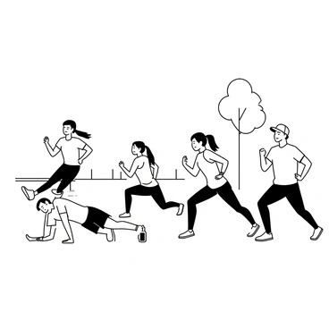 A group of five coworkers is engaged in a quick workout session in a park. One man is doing push-ups on the grass, wearing a short-sleeved athletic shirt and shorts. A woman is performing stretches nearby, wearing a tank top and leggings, her ponytail swaying as she bends. Another woman is doing squats with a water bottle placed on a bench beside her. Two men are jogging in place, one wearing a cap and the other with a wristband. The park has trees in the background and a few benches scattered around. Everyone appears focused and energetic.