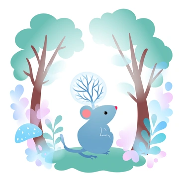 A mouse sitting in a forest with a transparent head revealing its brain resembling tree branches