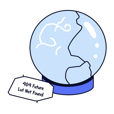 A cracked crystal ball with a shiny surface reflecting light. The cracks are jagged and prominent, adding texture to the ball. Inside the ball, there are swirling wisps of mist that add depth. A small note is placed next to the ball. The note has the humorous fortune reading "404 Future Not Found" in a playful font. The background is simple, allowing the ball and note to stand out clearly.