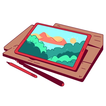 A red digital tablet is positioned on a wooden table. The screen of the tablet displays a work-in-progress digital illustration featuring a colorful landscape. Various brush strokes and layers are visible, with vibrant teal foliage and a bright orange sun setting in the background. A stylus pen lies next to the tablet, hinting at recent artistic activity.