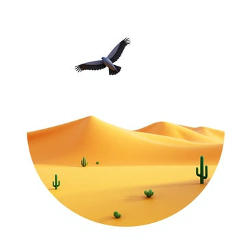 A vulture with dark feathers soaring in the clear sky. Below, a desolate desert landscape stretches out, featuring rolling sand dunes in various shades of golden yellow and light brown. The sun casts long shadows across the barren land, highlighting the rough texture of the ground. Sparse vegetation, such as small cacti and shrubby plants, dots the landscape. The scene captures the vastness and emptiness of the environment.