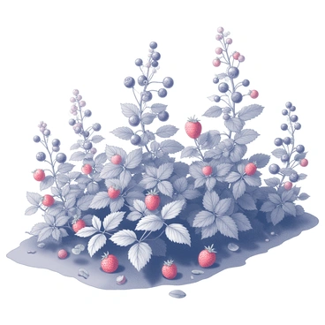 A whimsical vector scene of a berry patch with strawberries, blueberries, and raspberries growing on bushes.
