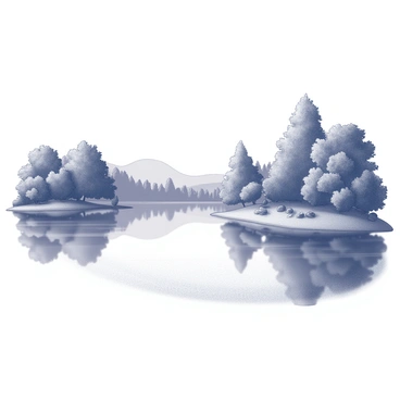 A tranquil lake with a smooth surface, reflecting the surrounding landscape. The lake is bordered by dense, lush greenery, including various trees and shrubs that create a natural frame. The foliage is detailed, with different shapes and sizes of leaves, contributing to a rich texture. In the background, the trees rise gently, creating a sense of depth in the composition. The stillness of the water mirrors the greenery perfectly, adding to the overall harmony of the scene.