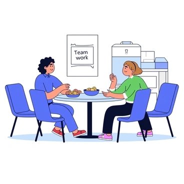 A break room with a round table and several chairs. At the table, two employees are sitting across from each other, both holding snack bowls. One employee has dark hair and is wearing a blue shirt, while the other has light brown hair and is wearing a green shirt. A plate of cookies is placed in the center of the table, alongside a bowl of fruit. A water cooler is visible in the background, next to a wall decorated with a motivational poster that says "Teamwork." The atmosphere is relaxed and cozy.