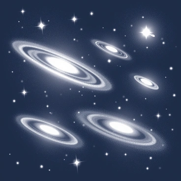 A detailed depiction of the cosmos, featuring numerous swirling galaxies scattered across the canvas. Each galaxy boasts intricate spiral arms, surrounded by countless stars that twinkle in the darkness of space. The background showcases a sense of depth, with celestial bodies varying in size and brightness, contributing to the vastness of creation. A sense of infinite expanse is conveyed by the multitude of stars and the dynamic movement of galaxies, all set against a deep, black backdrop.