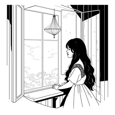 Catherine is standing by a large, foggy window in an old manor house, her face illuminated by soft light coming through the glass. She has long, flowing hair cascading down her shoulders and is wearing a vintage dress with delicate lace details. The windowpane is covered in condensation, blurring the view of the garden outside. Catherine's expression is one of longing and contemplation as she gazes into the distance, her hands gently resting on the sill. The interior of the manor house features worn wooden panels and an ornate chandelier hanging from the ceiling, creating a warm yet melancholic atmosphere.