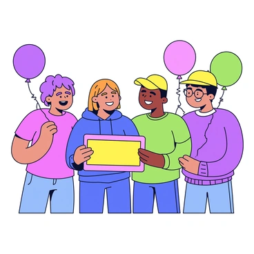A group of four friends standing together, smiling broadly. They are holding a large, colorful raffle ticket in their hands, showing it off proudly. Each friend is wearing casual clothing with vibrant colors. One friend has short curly hair and is wearing a bright red t-shirt. Another has long straight hair and is donning a blue hoodie. The third friend is sporting a yellow cap and a green t-shirt, while the fourth has glasses and is dressed in a purple sweater. They are surrounded by balloons and streamers, adding to the festive atmosphere.