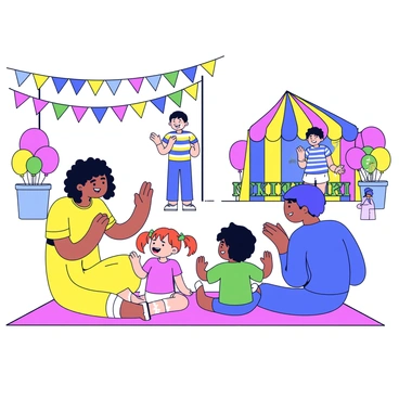 A family consisting of four members is gathered at a lively local fair, watching a mime performance. The parents are seated on a picnic blanket, with the mother wearing a bright yellow dress and the father in a blue shirt. Two children, a girl and a boy, are sitting beside them, both laughing and clapping. The girl has pigtails and is wearing a red t-shirt, while the boy is in a green shirt with shorts. In the background, a colorful stage is set up, and a mime is performing in a striped outfit with white face paint. The atmosphere is filled with joy and laughter, with colorful banners and balloons decorating the fair.