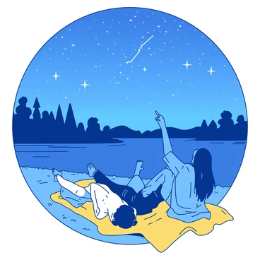 A blue night sky filled with twinkling stars stretches above a group of friends gathered at the shores of Lake Como. The friends are sitting on a soft yellow blanket spread out on the grassy area near the water's edge. In the foreground, one friend is pointing excitedly at a constellation in the sky while others lie back with their heads resting on the blanket, gazing up in awe. The calm water of Lake Como reflects the sparkle of the stars, creating a serene ambiance. Silhouetted trees line the shore, framing the scene beautifully.