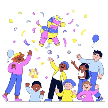 A colorful piñata shaped like a donkey is hanging from a string. The piñata is bursting open as bright confetti and various types of candy spill out. Nearby, excited children are gathered, with smiles on their faces, reaching up towards the falling treats. The scene is set at a cheerful children's party, with decorations and balloons in the background.
