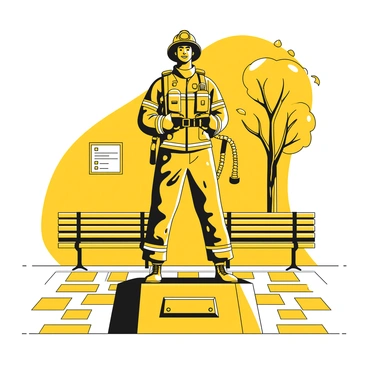 A bronze statue of a first responder standing tall, depicting a firefighter with a helmet and gear. The firefighter holds a hose in one hand and stands in a heroic pose, looking forward with determination. Surrounding the statue are cobblestone streets and benches where people can gather. In the background, there are buildings with windows, and a tree with leaves nearby, providing a sense of life to the city square. A plaque at the base of the statue reads "Heroic First Responder".