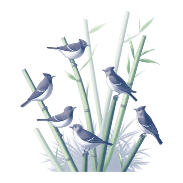 A group of birds perched on green bamboo branches. The birds display a variety of shapes and sizes, with some having distinct features like long tails and short beaks. Each bird appears to be singing, with their beaks open in mid-song. The bamboo shoots are tall and slender, creating a natural canopy. The surrounding forest is dense with foliage, showcasing various leaves and branches, contributing to the rich biodiversity of the scene.