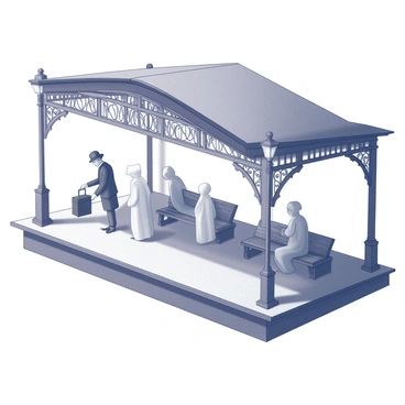 A vintage train station platform, characterized by aged wooden benches and ornate ironwork. The architecture features an arched roof supported by detailed columns, and old-fashioned lampposts line the platform, casting soft shadows. Ghostly figures of passengers are present, dressed in early 20th-century clothing, some holding suitcases as they wait. Their ethereal forms are semi-transparent, blending with the mist that envelops the platform. The distant sound of a train whistle echoes in the background, hinting at the arrival of a spectral train.