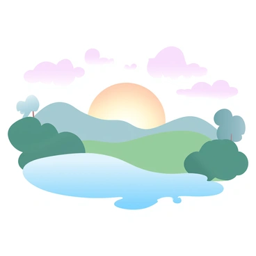 The first light of a rising sun is casting warm hues across a tranquil landscape. Soft pastel colors blend together in the sky, creating a gradient effect as the sun begins to emerge on the horizon. Below, a gentle rolling hill is dotted with lush greenery, and a calm lake reflects the pastel colors of the sky. Silhouettes of distant trees frame the scene, and wispy clouds float lazily. A serene atmosphere envelops the entire landscape, inviting a sense of peace and tranquility.