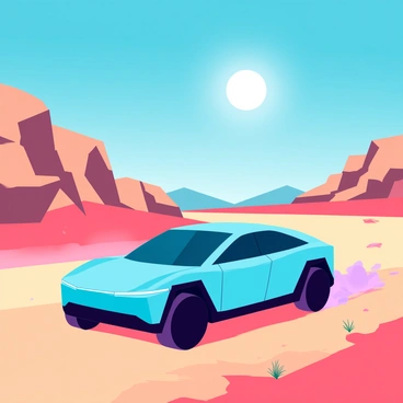 An electric car with a sleek design and smooth curves is crossing a vast desert landscape. The car's color is a vibrant blue, reflecting the bright sun overhead. Surrounding the car are towering sand dunes, their golden grains shifting with the wind. The sun is high in the clear blue sky, casting sharp shadows and illuminating the scene with intense light. Sparse vegetation, such as small desert shrubs, dots the landscape, contributing to the arid atmosphere of the environment. The tires of the car are kicking up a cloud of fine sand as it moves forward.