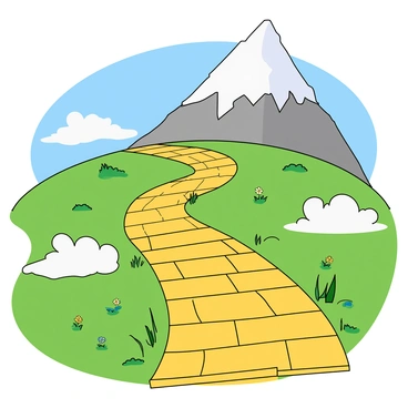 A winding yellow brick road stretches upward, leading towards a majestic mountain. The road is bright and glossy, with each brick glistening in the sunlight. Towering above, the mountain's snow-capped peaks are sharply defined against a clear blue sky. Patches of vibrant green grass and small colorful wildflowers dot the sides of the road, adding a playful contrast to the scene. In the foreground, fluffy white clouds drift lazily, casting soft shadows on the ground below. The overall composition conveys a sense of adventure and wonder, inviting the viewer to imagine the journey ahead.