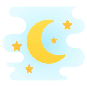 A crescent moon surrounded by several small stars shining brightly.
