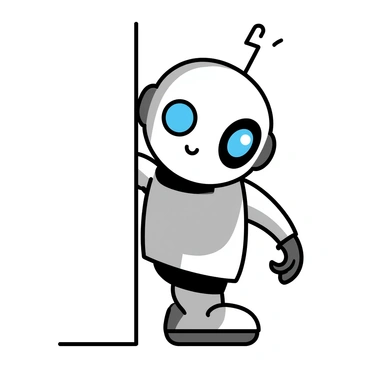 A small robot with a rounded body, metallic silver finish, and bright blue eyes is peeking around a corner. Its head is tilted slightly, showcasing a curious expression. The robot has short, stubby arms with articulated joints, and its legs are compact and sturdy. The corner it is peeking around is made of light-colored wall, creating a contrast with the robot's shiny surface. The background is blurred to emphasize the robot's inquisitive posture.
