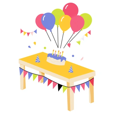 A birthday table covered with a bright tablecloth in cheerful colors. Surrounding the table, a cluster of colorful balloons in various shades of red, blue, yellow, and green floats above. The table is decorated with a cake featuring candles and party hats placed at intervals. Streamers hang from the edges of the table, adding to the festive atmosphere. In the background, party decorations can be seen, creating a lively and celebratory vibe.