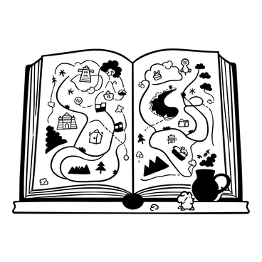 A detailed map displayed on a page of an open storybook. The map features a winding path that connects various landmarks, including a majestic castle, a dark forest, a shimmering lake, and rolling hills. Surrounding the map are ornate borders with whimsical designs, and scattered around are small illustrations of mythical creatures like unicorns and dragons. The open book rests on a wooden table with a quill and an inkpot beside it, creating an inviting scene.