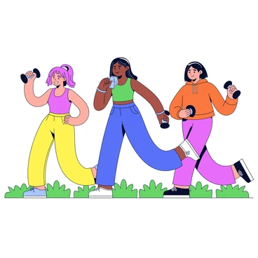 A group of three girls is exercising outdoors, each wearing colorful outfits. One girl is in a bright pink tank top and yellow leggings, another is dressed in a green sports bra paired with blue shorts, and the third girl wears an orange hoodie with purple joggers. They are all lifting small dumbbells in their hands, showcasing their determination. The background features green grass and a few trees, creating a lively atmosphere for their workout.
