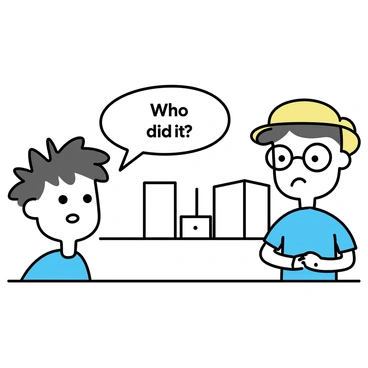 A comic strip character with spiky hair and a blue shirt stands on the left side of the panel. The character has a surprised expression, with wide eyes and raised eyebrows. A speech bubble emerges from their mouth, containing the text "Who did it?" On the right side of the panel, another character with round glasses and a yellow hat is looking puzzled, standing with arms crossed. The background is a simple urban setting with a few minimalist buildings sketched in the distance.
