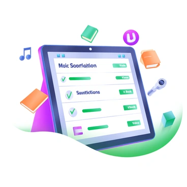 A modern pastel illustration featuring a tablet with a list of digital subscription services displayed on its screen. The screen shows various subscriptions with their names in clear, bold text and checked invoices next to each service. Surrounding the tablet are colorful icons representing different services, such as a music note for a music streaming service, a book for an e-book subscription, and a video camera for a video streaming platform. The background is simple, allowing the tablet and its content to be the focal point of the image.