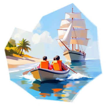 A small wooden lifeboat is seen navigating away from a larger ship, which looms in the background. The lifeboat is filled with a few individuals, dressed in life jackets, with expressions of determination on their faces as they row towards a distant shore. The larger ship is depicted with its sails unfurled, and it appears majestic against the backdrop of a clear blue sky. The distant shore is partially visible, showcasing a sandy beach lined with palm trees and gentle waves lapping at the shoreline. The scene conveys a sense of adventure and resilience.