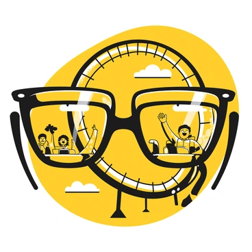 A close-up view of a pair of protective glasses reflecting a thrilling roller coaster ride. The background shows a twisting, high-speed roller coaster with steep drops and loops. In the glasses, the expressions of excited riders can be seen, along with their arms raised in the air. The sky is clear with a few clouds, and the track of the roller coaster is visible in an intricate design. The scene conveys a sense of motion and excitement.