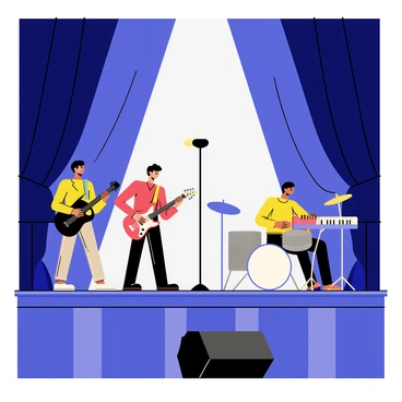 A concert stage with dark blue curtains drawn back to reveal a group of musicians. In the center, there is a microphone stand with a bright spotlight shining down. To the left, a guitarist with a black electric guitar stands in a dynamic pose, while to the right, a drummer sits behind a shiny silver drum set. In the background, a keyboardist adjusts the keys of a colorful keyboard. The stage is decorated with colorful lights and a large speaker stack is positioned at the front.