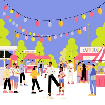 A vibrant outdoor festival scene featuring a lively atmosphere. Strings of "colorful lights" hang overhead, illuminating the area with bright hues. Festive decorations, including "paper lanterns" and "banners" in various colors, are scattered throughout the scene. Groups of "people" are gathered, smiling and enjoying the festivities. Some are engaging in games, while others are savoring delicious food from stalls that are adorned with "colorful signage." The sky is a "deep blue," contrasting beautifully with the lively colors of the decorations.
