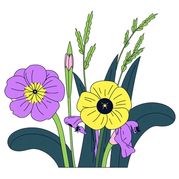 A close-up view of various unique flowers and plants thriving in a delta ecosystem. The scene features vibrant, large flowers with intricate petal patterns in shades of purple and yellow. Among the flowers, there are slender green reeds with delicate, feathery tops swaying gently. The background includes a few broad, waxy leaves that are dark green in color, showcasing droplets of water. Tiny insects can be seen resting on the petals and leaves, adding a touch of life to the scene.