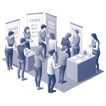 A bustling career fair scene filled with individuals engaged in conversations. Some people stand at booths, speaking with recruiters who are seated or leaning on the table. Recruiters are dressed in professional attire, showcasing company branding on their clothes. Tables are adorned with brochures, business cards, and promotional materials. Several individuals are browsing through the brochures, while others are actively networking, shaking hands or exchanging contact information. A variety of display banners are positioned behind the booths, each representing different companies or organizations.