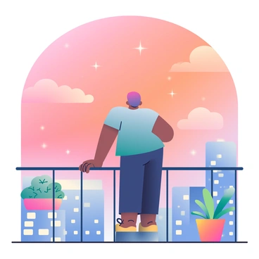 A silhouette of a person stands on a balcony, gazing out into the night sky. The figure has a relaxed posture, with one hand resting on the balcony railing. In the background, the sky is illuminated by light pollution, displaying a gradient of colors ranging from deep orange to soft pink. Wisps of clouds can be seen shimmering in the glow, while twinkling stars are faintly visible around the brighter areas of the sky. The balcony is adorned with potted plants, adding a touch of greenery to the scene.
