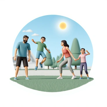 A family of four is in a backyard, performing burpees together under a clear blue sky with bright sunshine. The father, wearing a blue T-shirt and black shorts, is mid-burpee, with his hands on the ground and feet in the air. The mother, dressed in a red tank top and gray leggings, is jumping up with a big smile on her face. A young boy, wearing a green T-shirt and blue shorts, is just getting up from a burpee, while his sister, clad in a pink tank top and purple leggings, is preparing to jump. The grass is lush and green, and a few trees can be seen in the background.