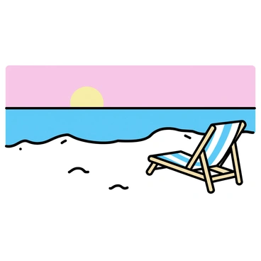 An empty beach stretches under the soft light of sunrise, with gentle waves lapping at the shoreline. A lone beach chair, made of light wood with a striped fabric, is positioned facing the ocean. The sand is smooth and untouched, glistening with dew from the morning. The sky is painted in hues of pink and orange, reflecting the dawn light over the calm water, creating a serene atmosphere.