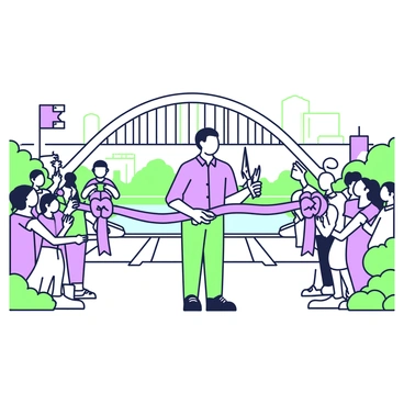 Duterte is standing in the center, holding a pair of scissors, ready to cut a ribbon that stretches across the entrance of a newly constructed bridge. He is dressed in a formal outfit, complete with a button-up shirt and slacks. Behind him, the bridge arches gracefully over a body of water, showcasing its modern design. A crowd of onlookers gathers on either side, some holding cameras and others waving flags. In the background, there are buildings and trees, providing context to the setting. The mood is festive as people cheer and celebrate the occasion.