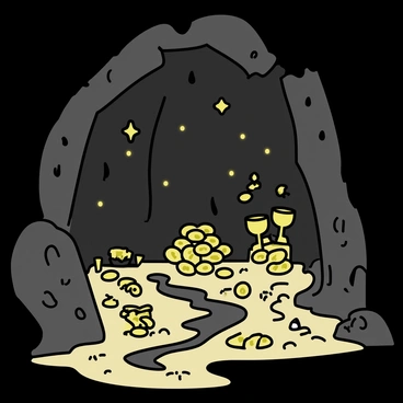 A dark cave with rocky walls and a smooth, sandy floor is filled with various treasures. There are piles of glittering gold coins, shining in the dim light. Scattered throughout the cave, there are ornate golden artifacts, including intricately designed goblets and jewelry. The cave is illuminated by the soft glow of luminescent crystals embedded in the walls, casting reflections on the treasures. Stalactites hang from the ceiling, and a small stream flows through the cave, adding a sense of mystery to the scene.