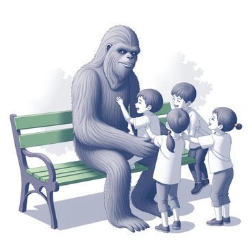 A tall Wookiee with long, shaggy fur is seated on a green park bench. He has a friendly expression on his face as he interacts with a group of children. The children, varying in age, are laughing and playing around him. One child is seated on his lap, while others are gathered close, reaching out to touch his fur in excitement. The background includes trees and a clear sky, enhancing the lively atmosphere of the scene.