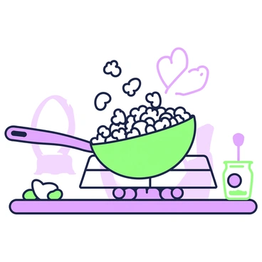 A hot pan is placed on a stovetop, with several popcorn kernels spilling out energetically. The kernels are in various stages of popping, some are fully expanded, while others are just beginning to burst open. The pan is slightly tilted, allowing the popped corn to scatter around it. There is a faint steam rising from the pan, indicating the heat. A kitchen background is suggested by faint outlines of utensils and a spice jar on the counter.