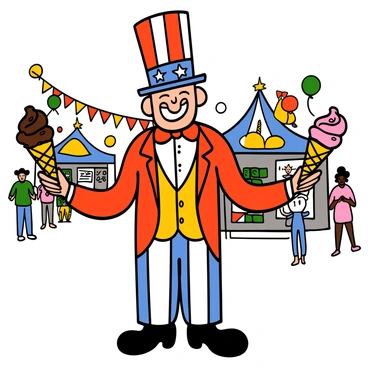 A character resembling Uncle Sam with light skin, a tall hat, and a red, white, and blue suit stands cheerfully at a summer festival. He is smiling widely while holding out colorful ice cream cones in each hand. There are various flavors visible, such as chocolate, vanilla, and strawberry, topped with sprinkles. The background features vibrant decorations like colorful banners and balloons, and people can be seen enjoying the festival in the distance, adding to the lively atmosphere of the scene.