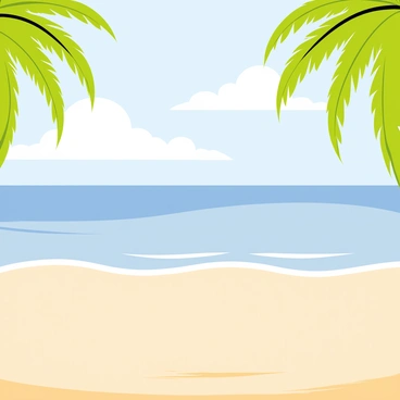 A sandy tropical beach with light golden sand stretching across the foreground. Gently swaying green palm trees are positioned along the edges of the beach, their fronds rustling in the breeze. Clear blue waters extend into the background, with gentle waves lapping at the shore. The sky above is bright and blue, with a few fluffy white clouds scattered throughout.