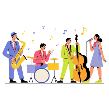A cartoon-style illustration of a jazz performance featuring a lively scene with a group of four musicians on stage. The first musician plays a shiny saxophone, wearing a bright blue suit and a fedora hat. The second musician is on the drums, with a cheerful expression, surrounded by colorful drumsticks. The third musician plays a double bass, appearing focused, with a red scarf around their neck. The fourth musician is singing into a microphone, wearing a sparkly dress and a big smile. The background includes dynamic musical notes floating in the air, enhancing the vibrant atmosphere of the performance.