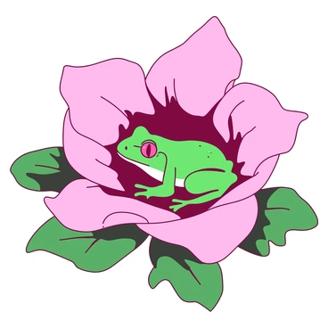 A green tree frog is nestled comfortably inside a large, pink blooming flower. The delicate petals of the flower are fully open, showcasing their vibrant colors and intricate details. The frog has its bright eyes peeking out from between the petals, and it rests on the soft, velvety surface of the flower's inner section. Surrounding the flower are lush green leaves that provide a natural backdrop to the scene, enhancing the lively atmosphere of the composition.
