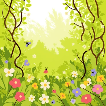 A thicket of dense underbrush filled with green foliage and twisting brown vines. The underbrush is dotted with colorful flowers, including bright red, yellow, and purple blooms. Sunlight filters through the leaves, creating dappled patterns on the ground. Various insects can be seen flitting about among the flowers, adding movement to the scene.